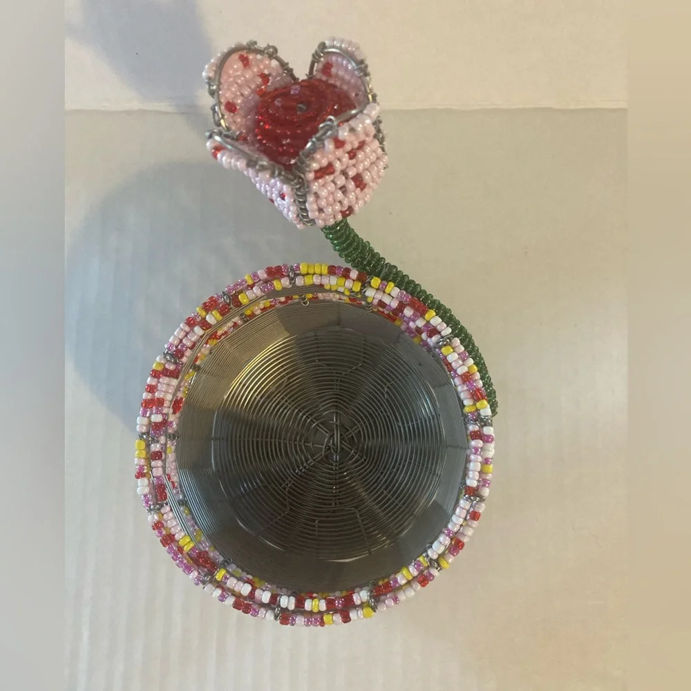 Handcrafted Beaded Bottle Holder with Pink Flower